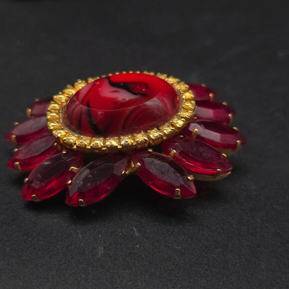 Red Swirled Art Glass Brooch with Marquise Rhinestones Vintage Jewelry